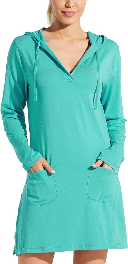 Willit Women's Long Sleeve Cotton Swim Cover Up UPF 50+ SPF Dress Hooded with Pockets Sun Protection Beach Coverup