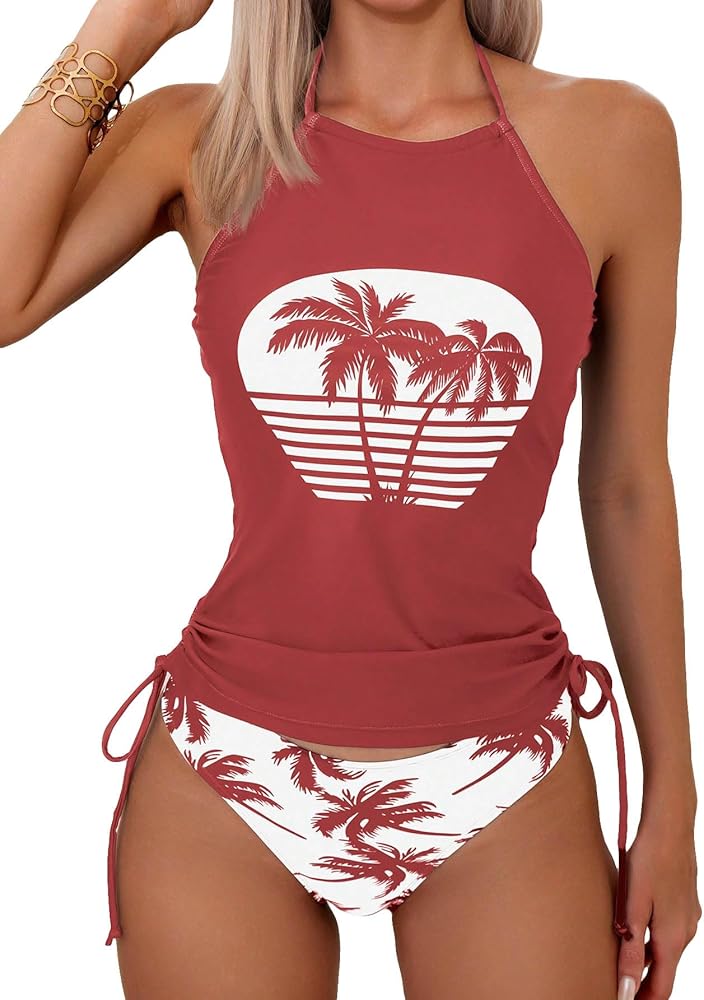 SHENHE Women's 2 Piece Tankini Swimsuit Tree Print Ruched Drawstring Halter Bathing Suit Redwood XL