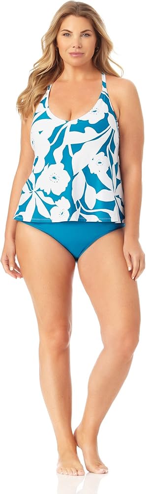 Anne Cole Plus Size Easy Tri Tankini Teal Print 22W