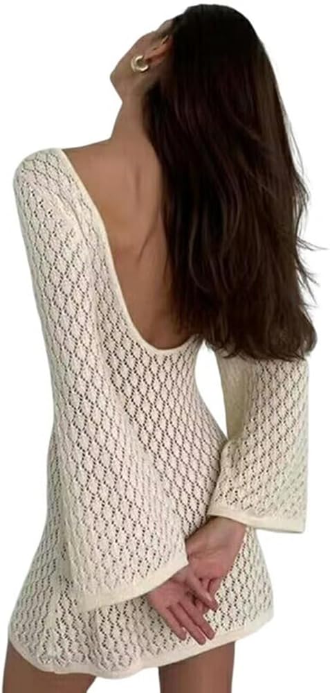 VKEGNIO Crochet Hollow Out Cover Ups Swimsuit for Women Solid Color Sexy Long Sleeve Bikini 2024 States Summer Beach Dress