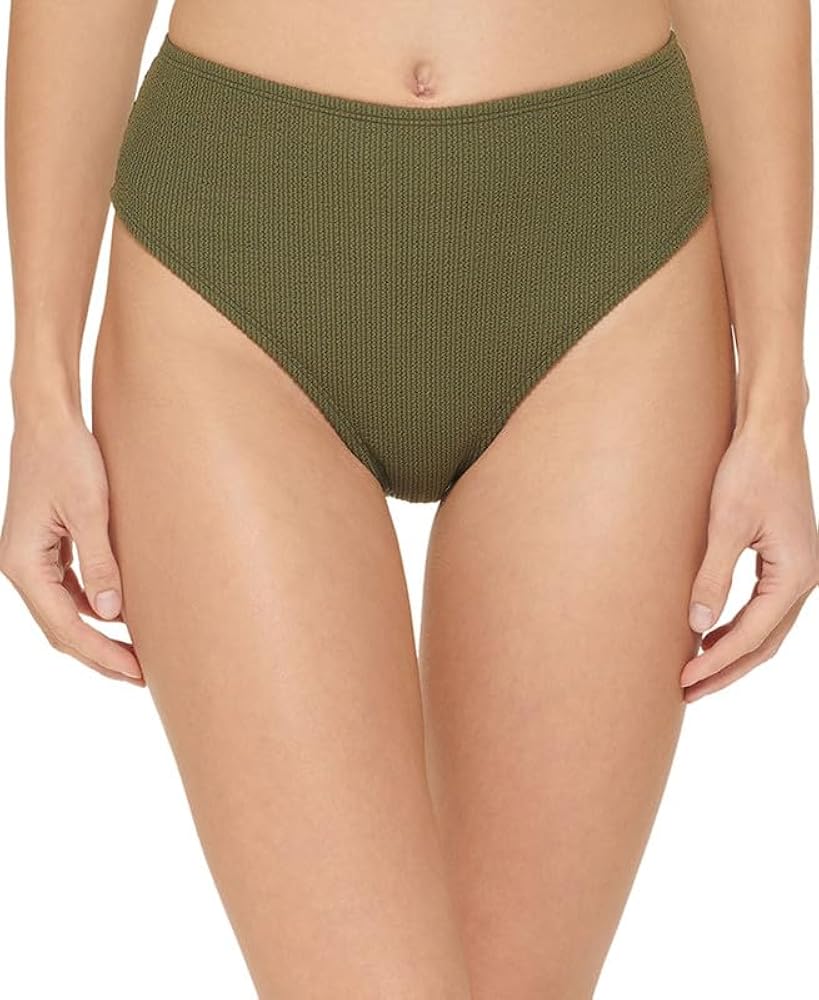 DKNY Women's Textured High-Waist Bikini Bottom (Moss Green, Large)