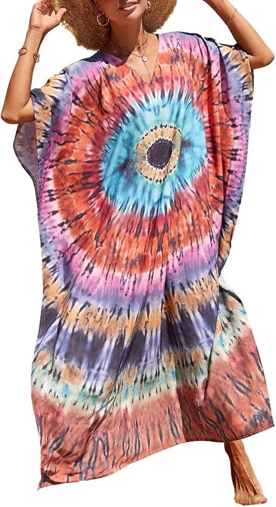 AILUNSNIKA Ethnic Print Kaftan Dresses for Women Plus Size Turkish Swimsuit Cover Ups Long Beach Caftans