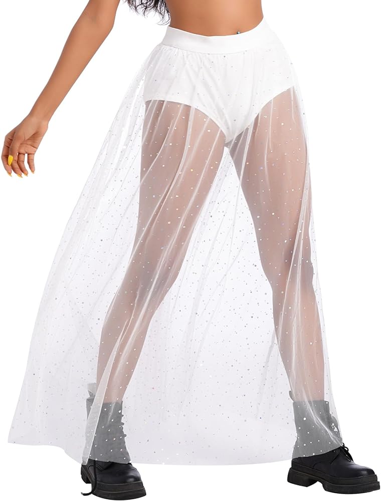 Women 2 in 1 Mesh Sheer Tulle Maxi Skirt Sparkle Galaxy Sequin Tulle Cover ups Festival Outfits Costume