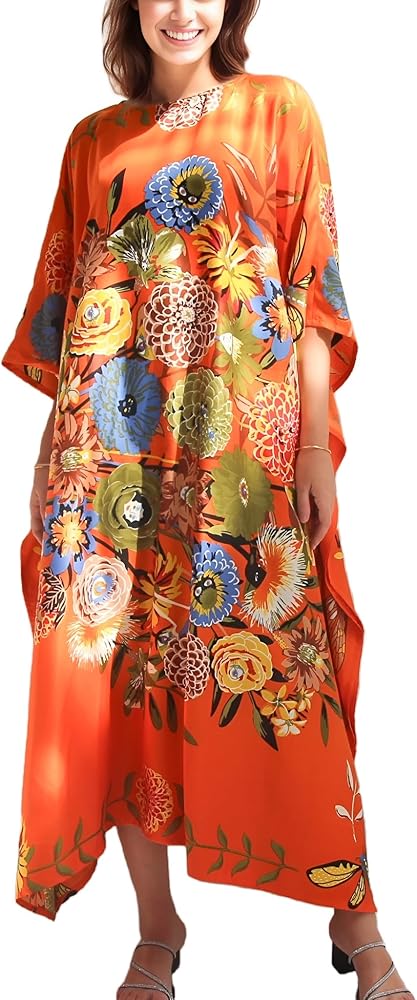 Silk Kaftan Floral Dress, Plus Size Caftan, Gift for Mother, Orange Kaftan Wedding Dress