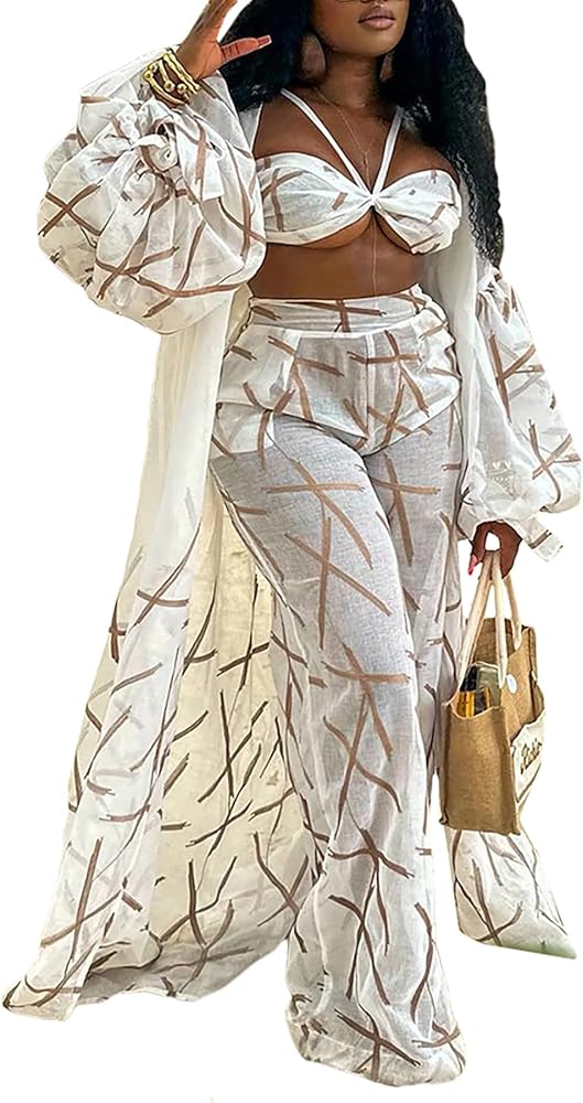 Hawaiian 3 Piece Outfits for Women Floral Swimsuit Coverup Kimono Cardigan Halter Bikini Top Pants Set