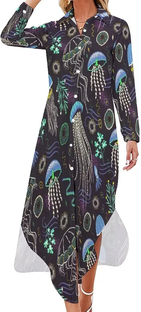 Deep Sea Jellyfish Shirt Dresse Knee Length Long Bikini Cover-Up Button Down Side Split V-Neck Long Sleeve Blouse Top