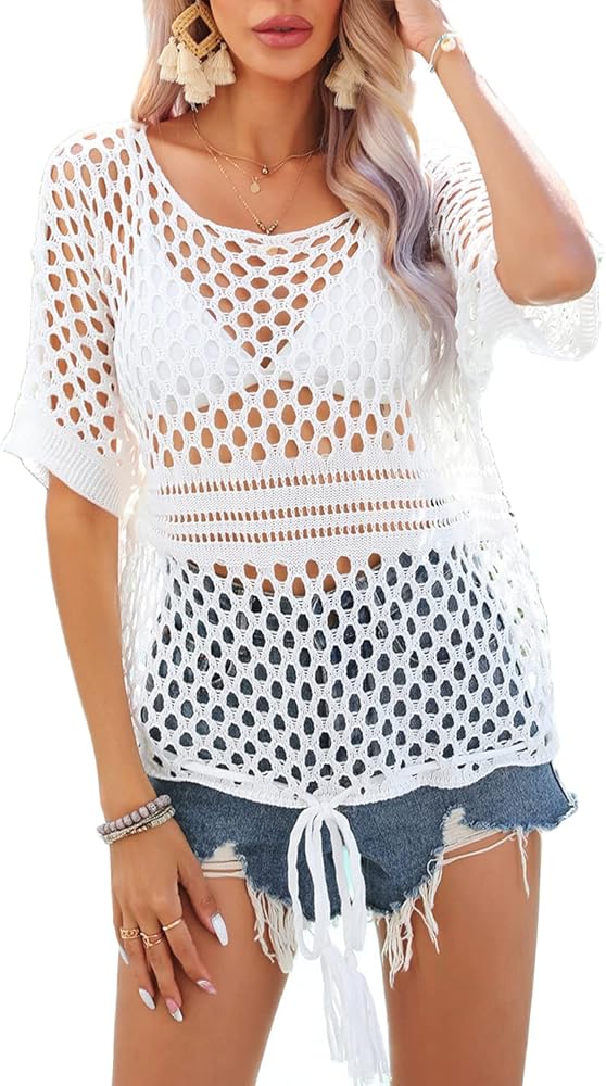 Women's Summer Crochet Hollow Out Tops Crewneck Beach Bikini Swimsuit Mesh Cover Up Tunic Top Beachwear