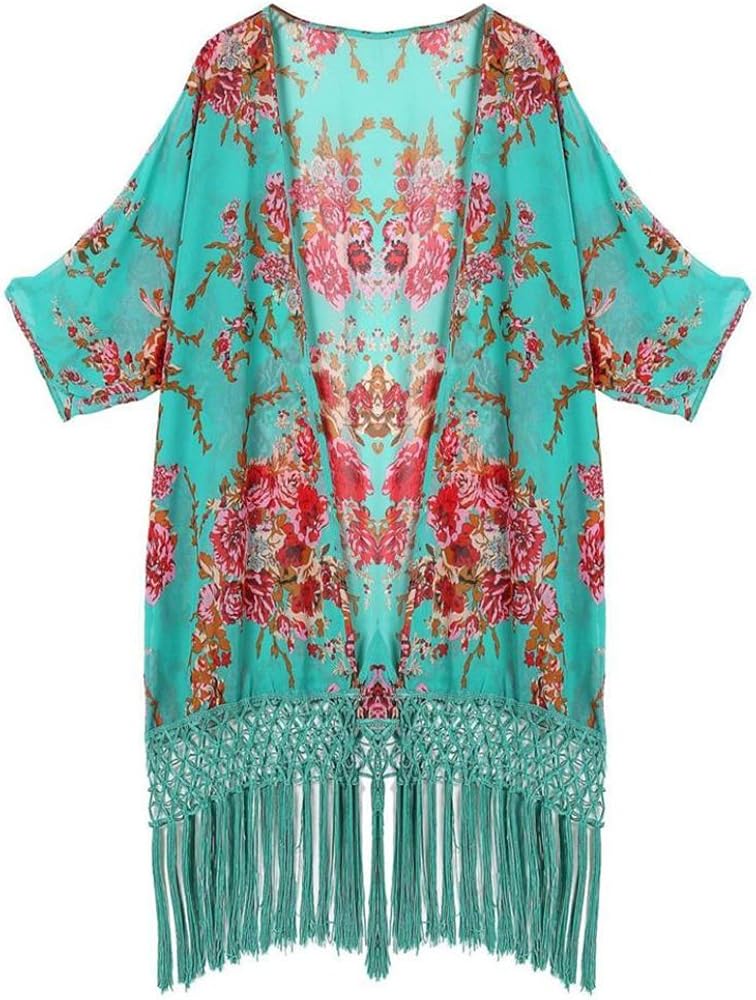 Y&L Women Kimono Beachwear Printed Chiffon Cover-Ups Kaftan Summer Shirt Dress Green