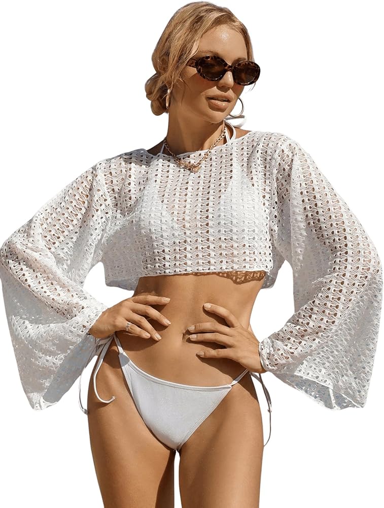 WDIRARA Women's Hollow Out Coverups Long Sleeve Cover Up Crop Tops Beach Swimwear