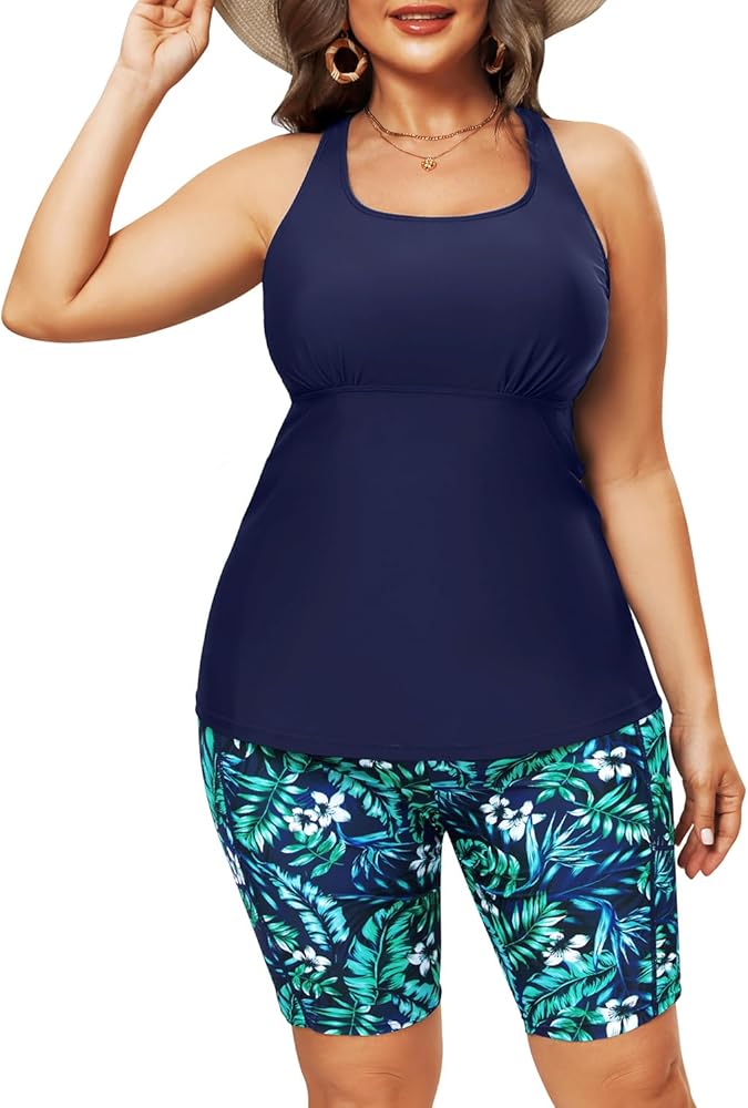 Plus Size Tankini with Shorts - Women Two Piece Bathing Suit Top Tummy Control Swimwear Bottom with Pockets