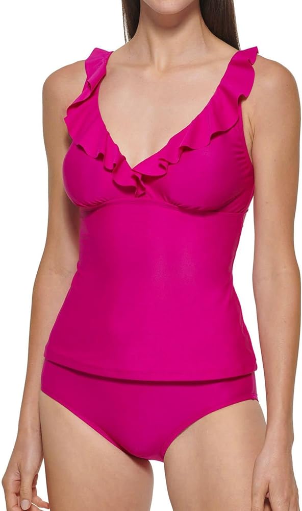 DKNY Ladies Swimsuit (M, Ruffle Tankini Fiesta Pink)