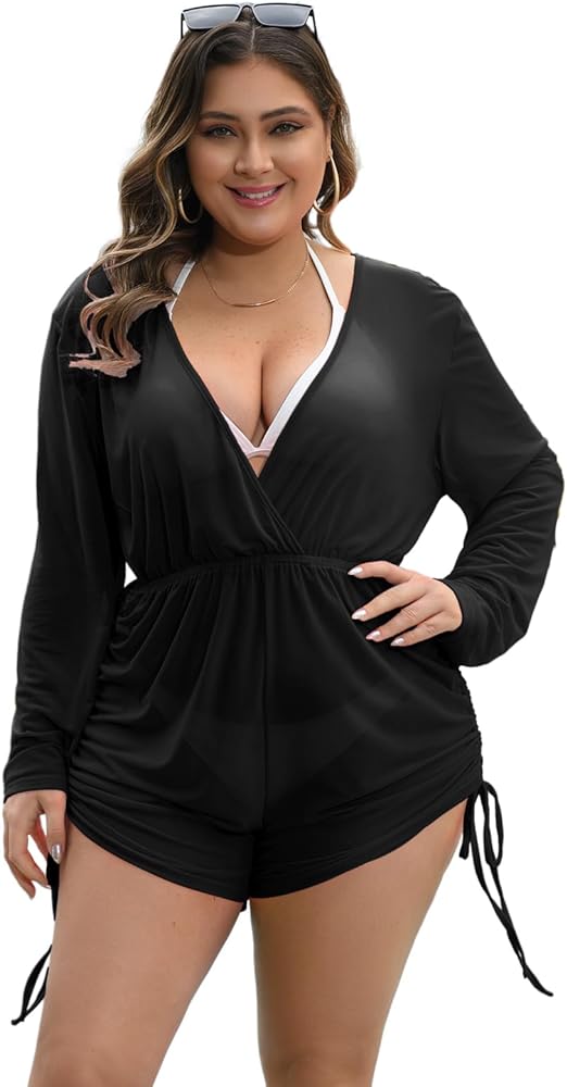 Women's Plus Size Swimsuit Mesh Cover Up Romper Deep V Neck Long Sleeve Coverup Romper One Piece