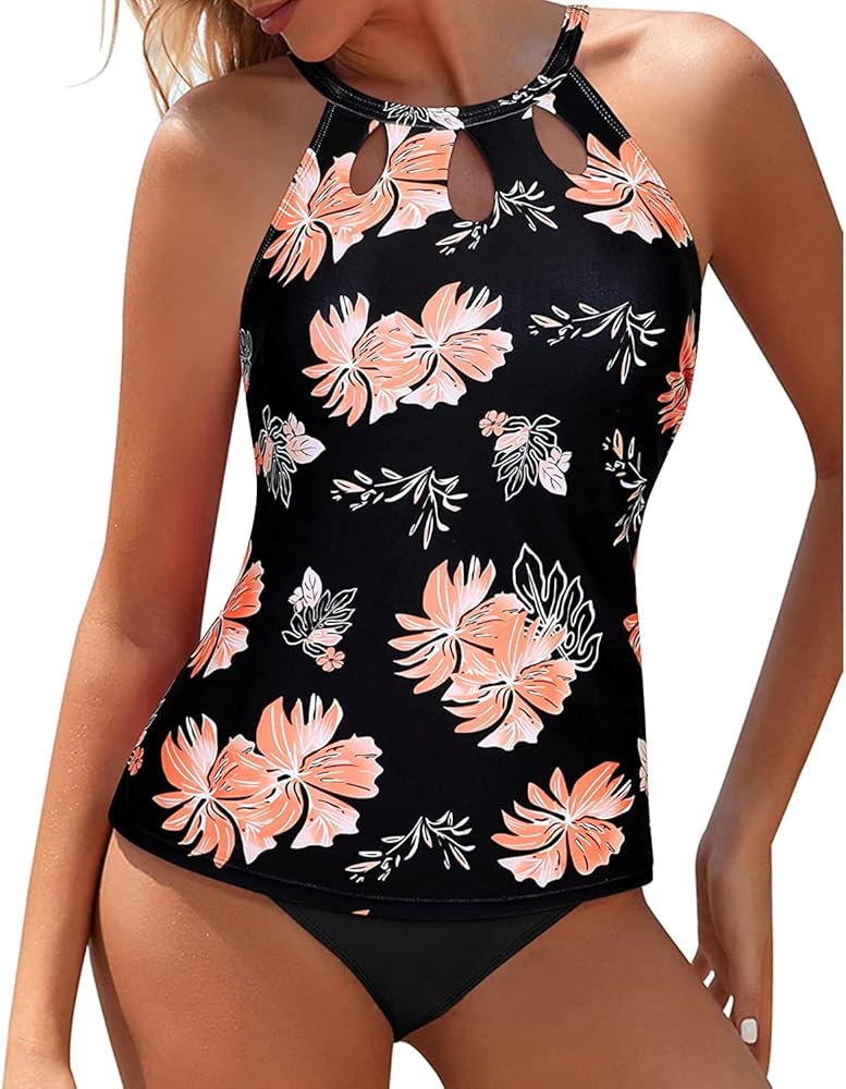 Yonique Two Piece High Neck Tankini Swimsuits for Women Tummy Control Bathing Suits Floral Print Swimwear