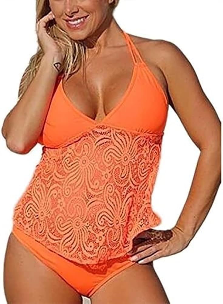 Women's Fashion Lace Mesh Swimwear Two Piece Halter Modest Tankini Swimsuits Bikini Sets