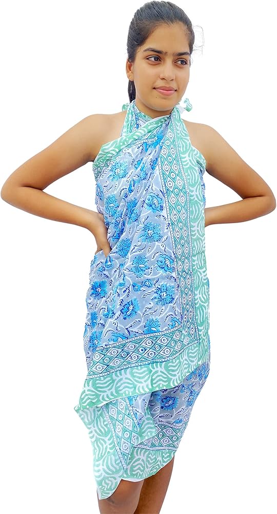 Women Cotton Sarong Beach Cover Up Indian Hand Block Floral Print Swimsuit Bikini Wrap Cover