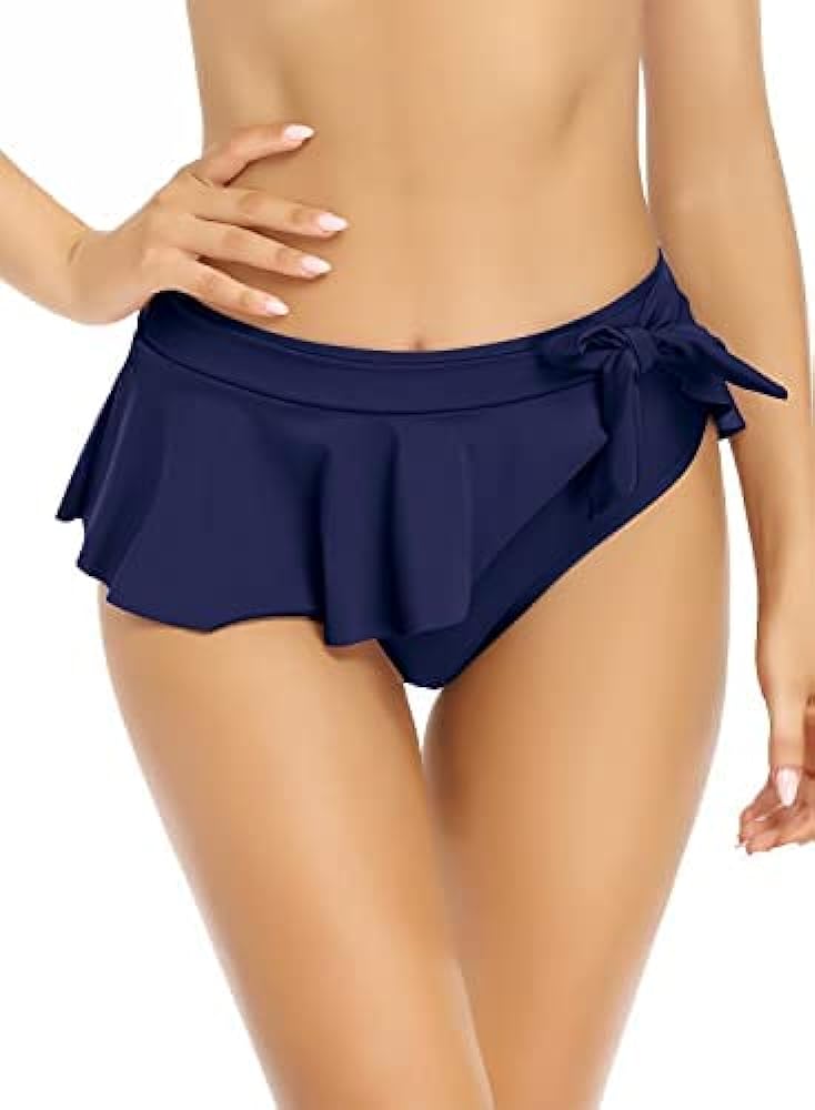 SHEKINI Women's Ruffle Bikini Bottom Tummy Control High Waisted Tie Knot Bathing Suit Bottoms