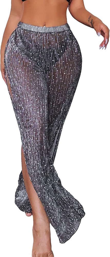 WDIRARA Women's Sequin Sheer Mesh Split Side Beach Cover Up Pants Swimwear