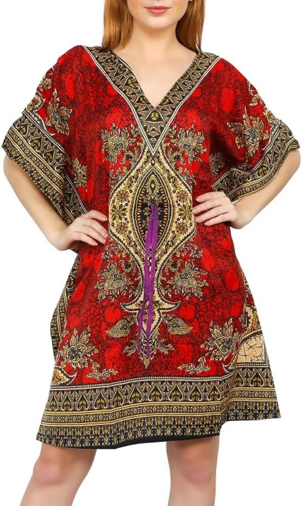 Short Kaftan Beach Cover ups Dresses for Women Ladies Dashiki African Caftan Loungewear Free Size (Red)