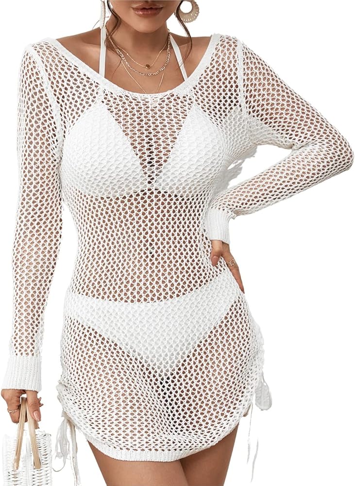 AILUNSNIKA Swimsuit Cover Ups for Women Hollow Out Crochet Swim Cover Up Long Sleeve Knitted Mesh Cover Up