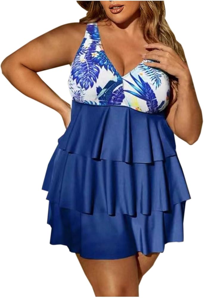 Womens Plus Size Two Piece Tankini Swimsuit Ruffles V Neck Sleeveless Swim Shirt & Bottom Bathing Suit Beach Swimwear