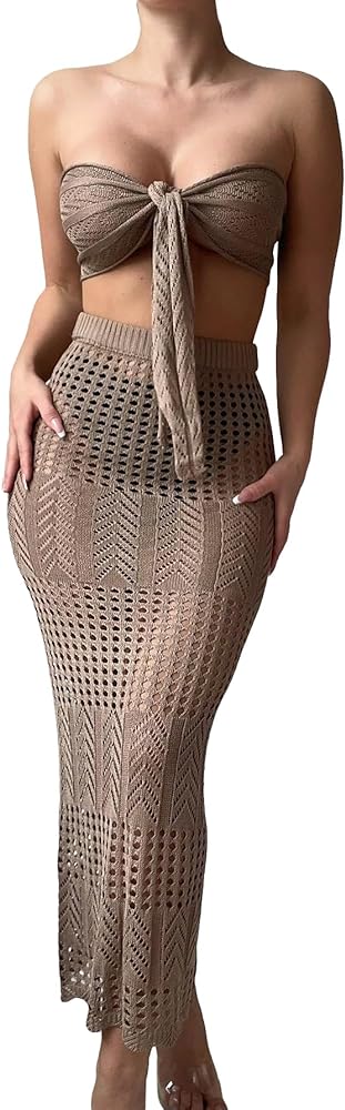 WDIRARA Women's 2 Piece Swimwear Strapless Tie Front Hollow Out Knit Cover Up Set