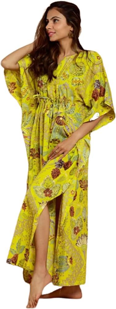 Cotton Kaftan for Women's & Girl's, Indian Floral Kaftan, Long Caftan, for to be Moms, Beach Cover up, Sleepwear, Indian Kaftan, Best Gift for Her, Maxi Dress by Handmade Kantha HUB Yellow