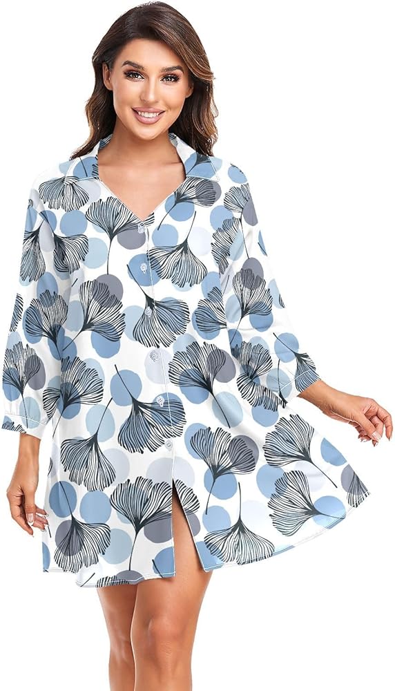 KLL Ginkgo Leaves CoverUp for Swimwear Women Beach Shirt Cover Up Bathing Suit Cover Up Shirtdress Cover Up Long