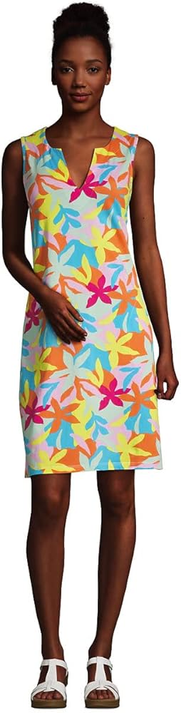 Lands' End Womens Cotton Jersey Sleeveless Cover-up Dress Turquoise Multi Graphic Floral Regular X-Large