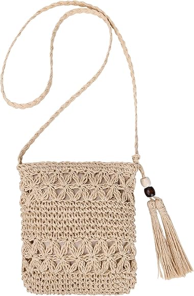 Aucuu Bolsa de Bandolera de Paja, Bolsa de Hombro Verano con Borla, Bolsa de Playa Tejido Hecho a Mano, Bolso de Hombro Bohemio para Viajes en la Playa-Beige/Marrón