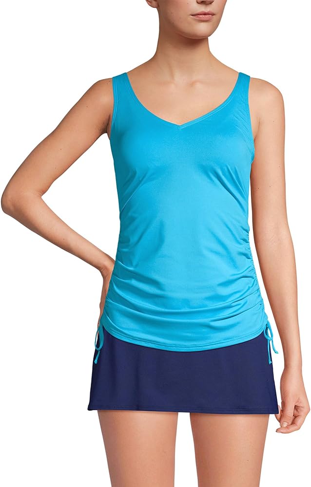 Lands' End Womens Chlorine Resistant Adjustable V-neck Underwire Tankini Top Turquoise Long Torso 12