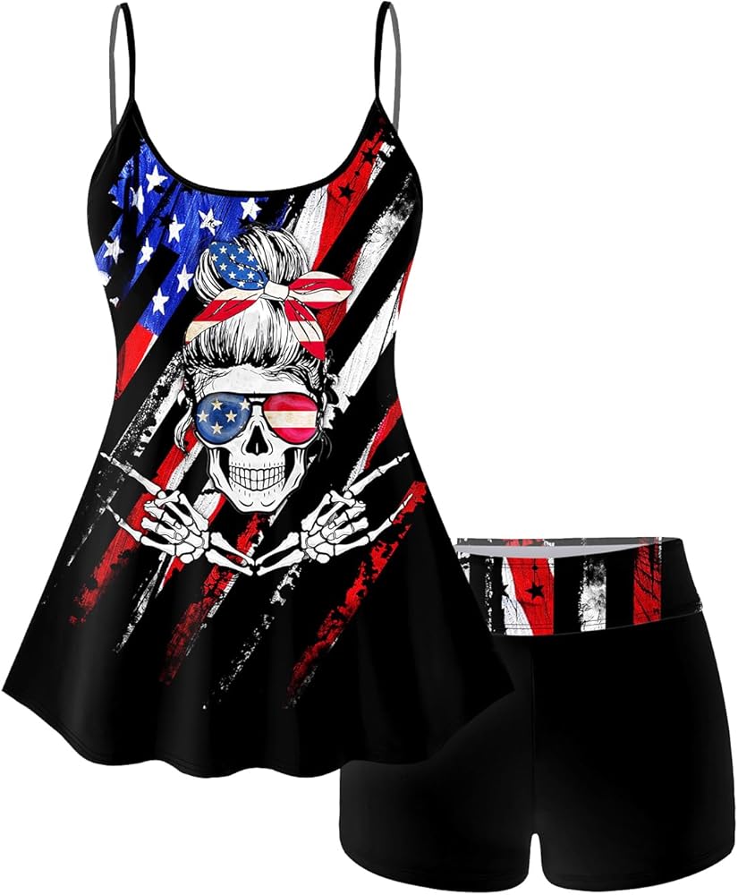 ROSE GAL Rosegal Plus Size Women Gothic Patriotic Tankini Swimsuit Skeleton American Flag Tankini Swimwear