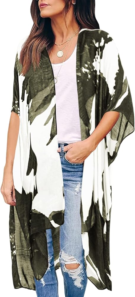 Ivay Womens Floral Kimono Duster Cardigans Short Sleeve Draped Oversized Beach Cover Up Cape