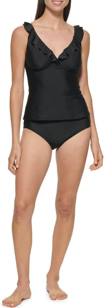 DKNY Ladies Swimsuit (XXL, Ruffle Tankini Black Solid)