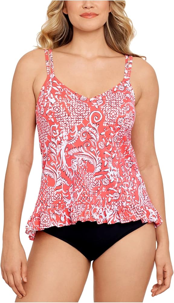 Women's Coral Printed Stretch Lined Ruffled Hem Deep V Neck Adjustable Mix It Up Tankini Swimsuit Top 8