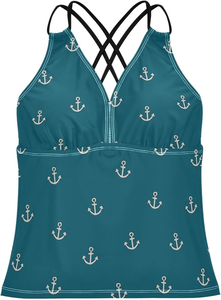 Hand Drawn Sea Ship Anchor Women's Tankini Bathing Suit Tops V Neck Swim Tank Tops