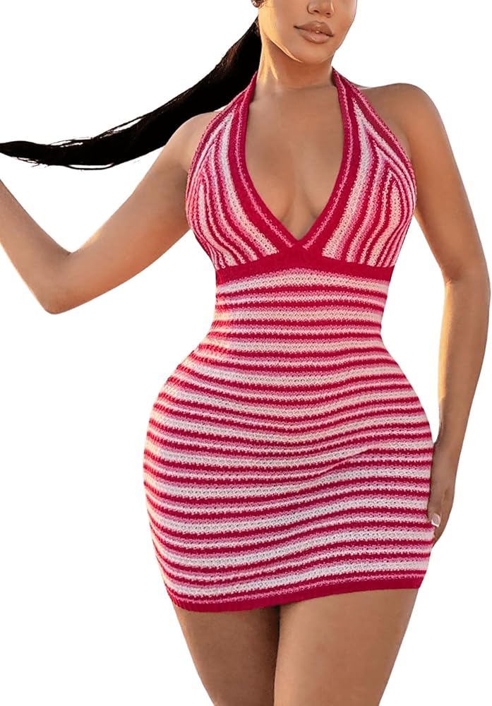 GORGLITTER Women's Striped Crochet Cover Up Colorblock Sleeveless Halter Beach Cover Up Dress