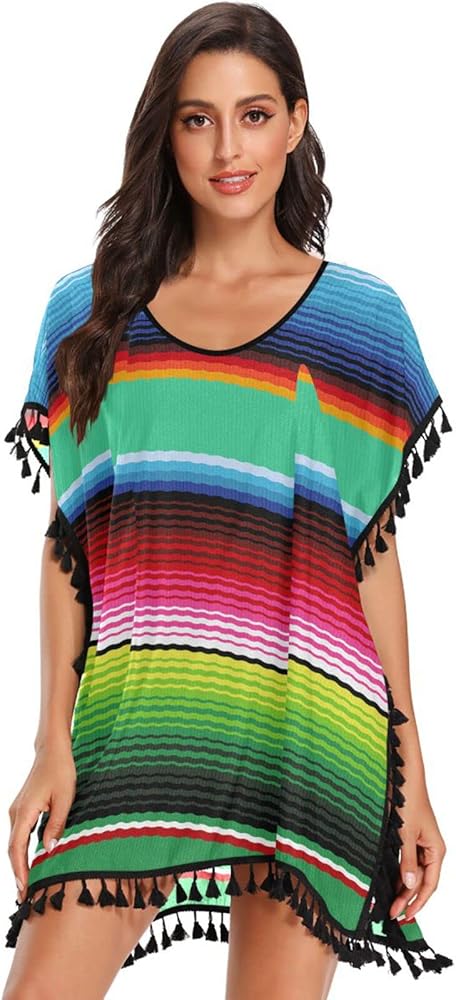 Mexican Serape Blanket Stripes Bathing Suit Cover Ups for Women Beach Swimsuit Cover up Beachwear S