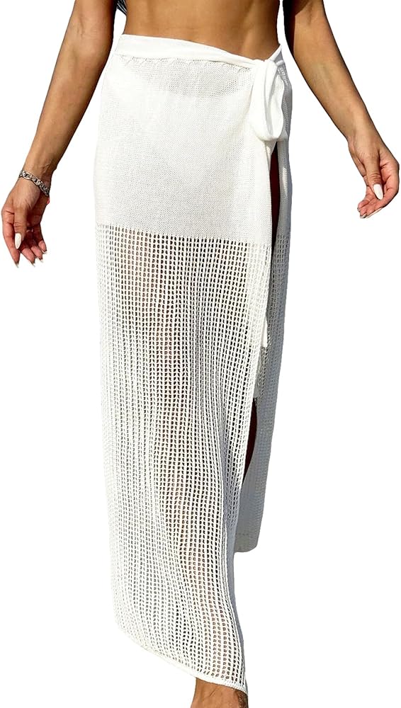 OYOANGLE Women's Crochet Split Thigh Swimsuit Cover Ups Hollow Out Tie Side Long Beach Skirt