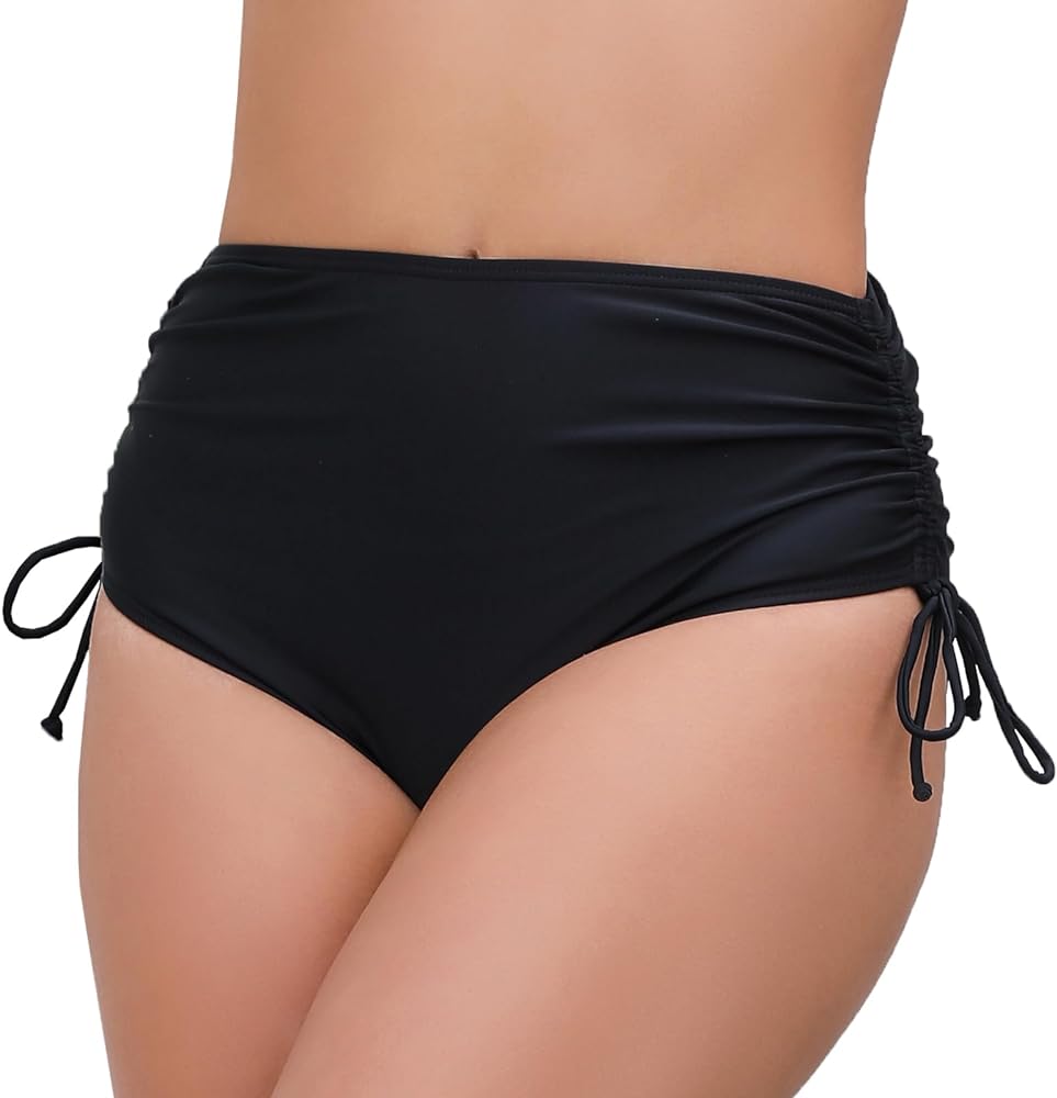 Women's High Waisted Side Drawstring Adjustable Bikini Swimwear Bottoms Quick Dry Cheeky Swim Briefs