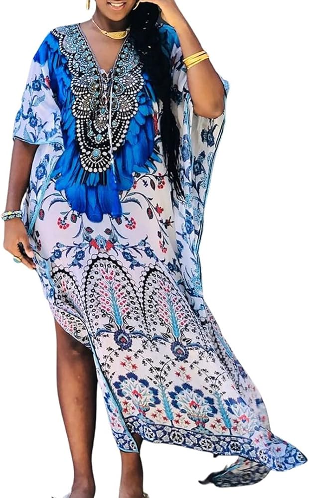 AILUNSNIKA Women Ethnic Print Kaftan Dresses Plus Size Caftan Swimsuit Cover Ups