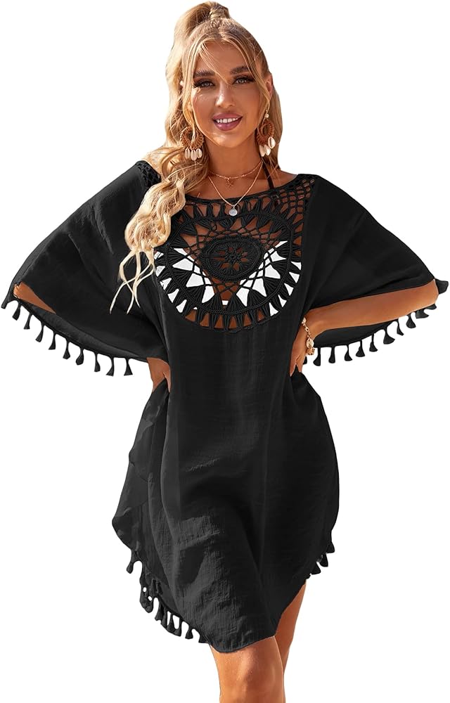 Floerns Women's Tassel Trim Half Sleeve Scoop Neck Cut Out Kimono Cover Up