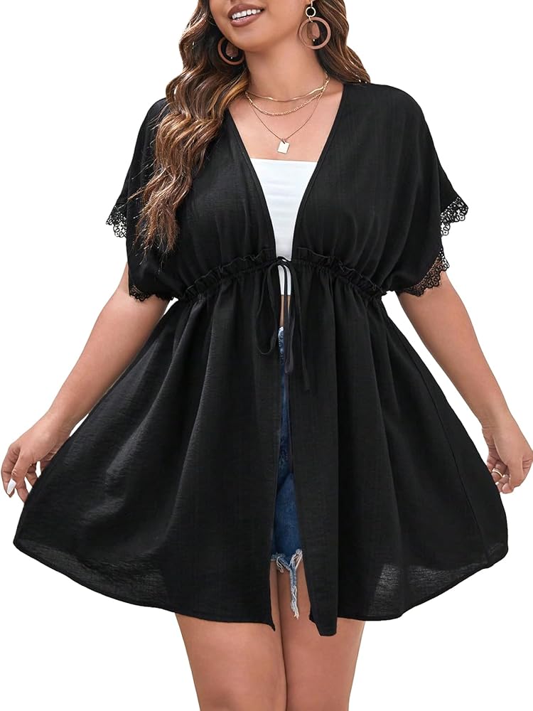 SOLY HUX Women's Plus Size Swimsuit Cover Up Kimono Lace Trim Tie Front Beach Cover Ups