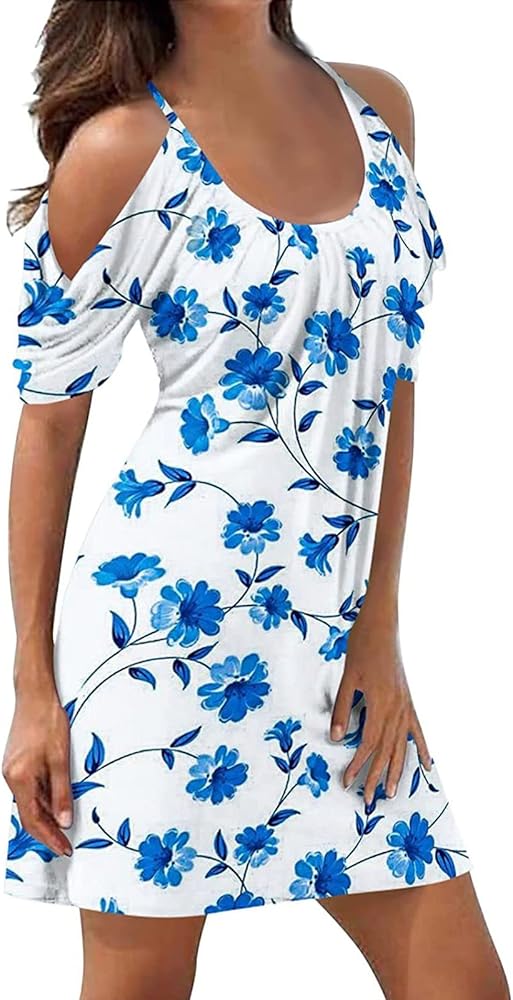 Women's Cold Shoulder Swing Dress Floral Print Beach Cover Up Dress Cute Crew Neck Summer Strappy Swing (White, XXL)