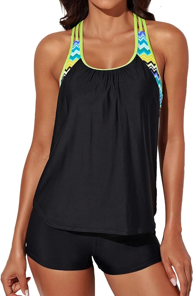 Aleumdr Womens Blouson Striped Printed Push up Strappy T-Back Tankini Top with Shorts(Available in Plus)