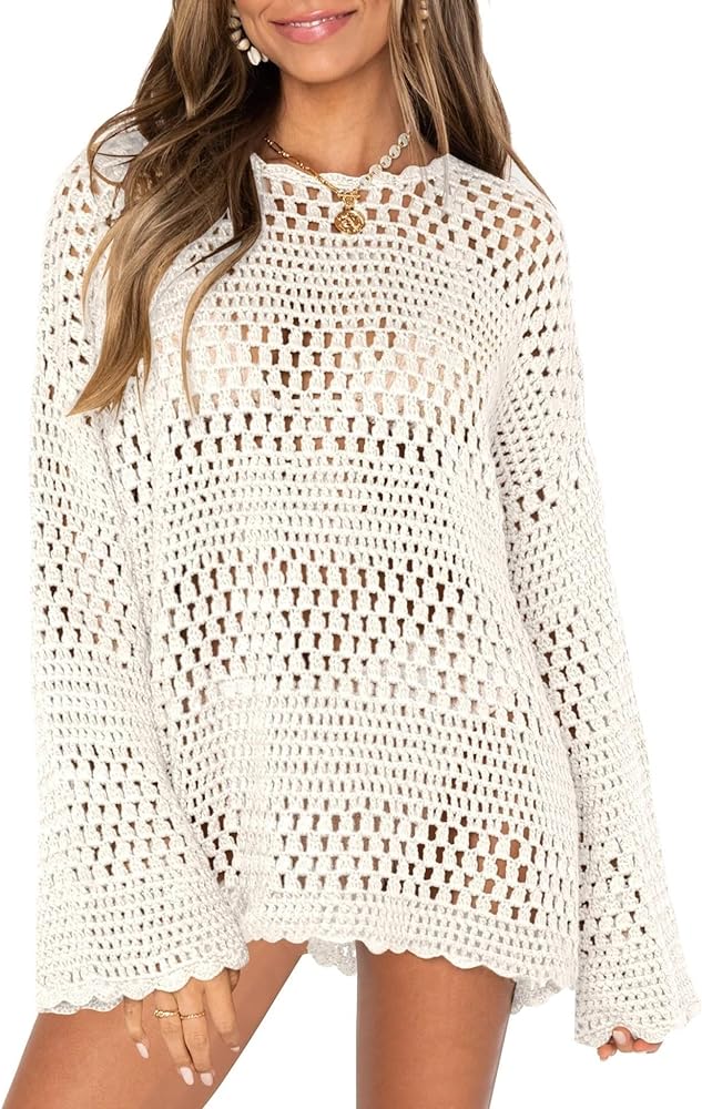 Beach Crochet Cover Ups for Women Hollow Out Swimsuits Cover Up Long Sleeve Mesh Knit Bathing Suit Coverups