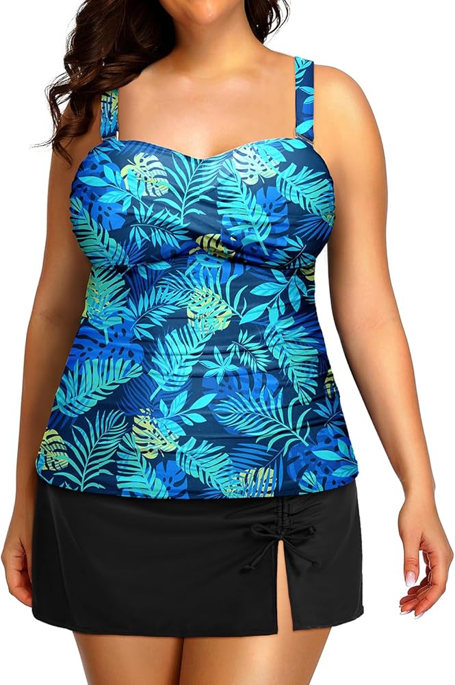 Women Plus Size Tankini Swimsuit with Skirt Two Piece Bathing Suits Tummy Control Swimwear