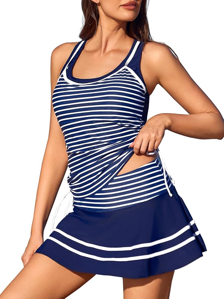 MiYang Tankini Swimsuits for Women Two Piece Tummy Control Bathing Suit with Skirt Striped Vintage Swimdress