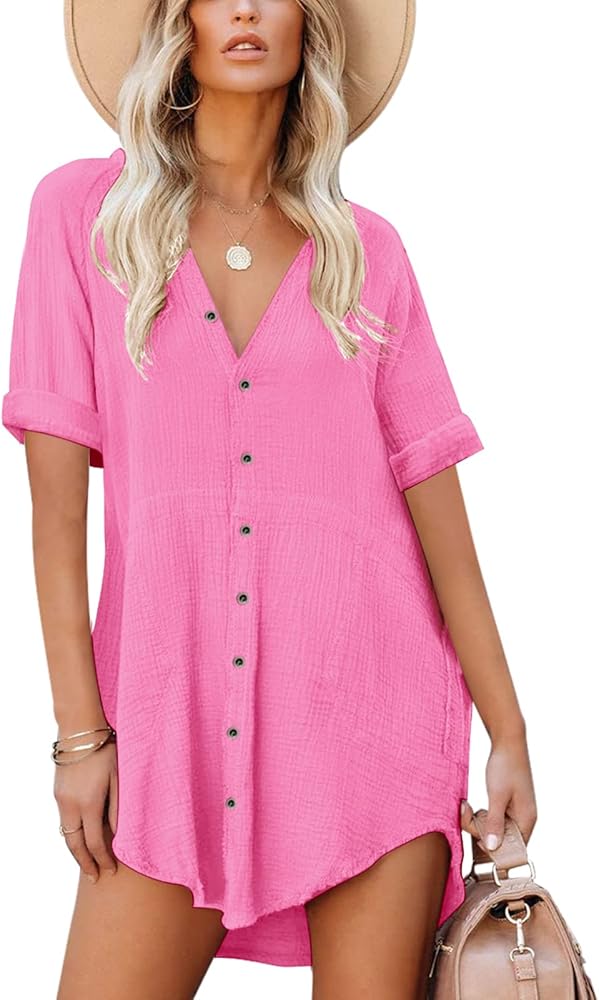 Paintcolors Women's Cotton Button Down Shirt Short Sleeve Dresses Tunics Oversized Beach cover up Blouse Tops with Pockets