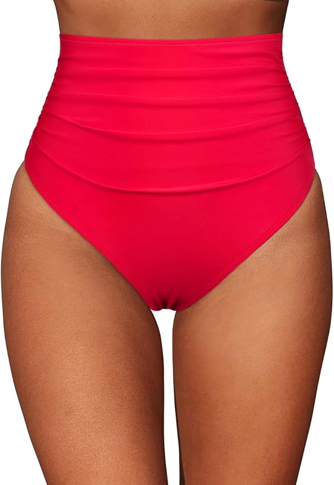 Firpearl Women's High Waisted Bikini Bottom Retro Ruched Tankini Brief Tummy Control Swim Bottoms