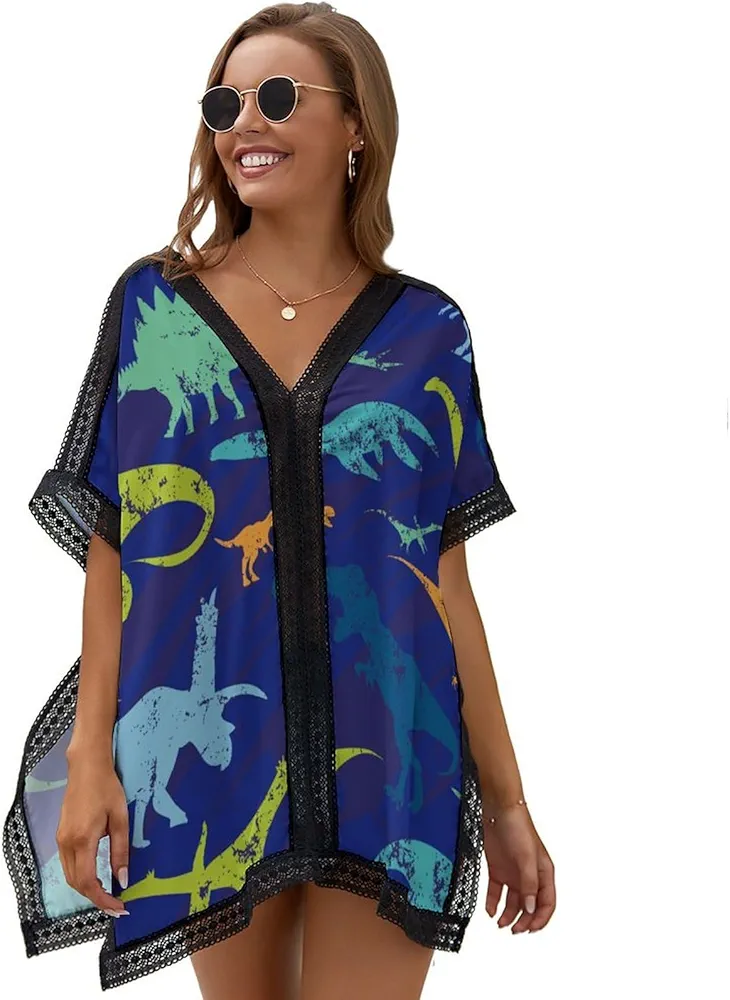 Vintage Dinosaur Print Womens Beach Swim Cover Up V Neck Swimsuit Coverup Lace Trim Poncho Beachwear Tops